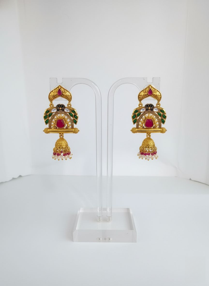 Divine Antique Temple Necklace Set with Pearls & Ruby Beads