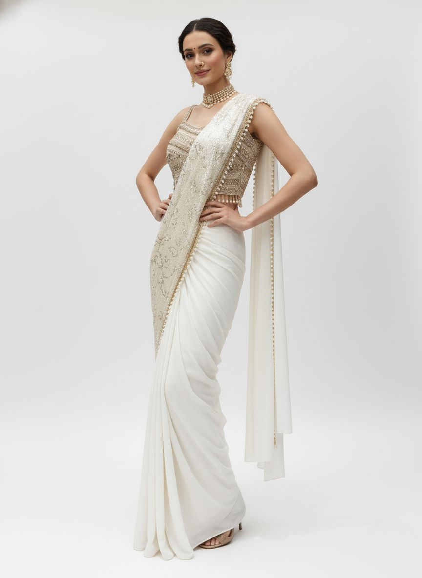 Ivory White Sequin Embellished Designer Ready to Wear Saree with Heavy Handwork Blouse