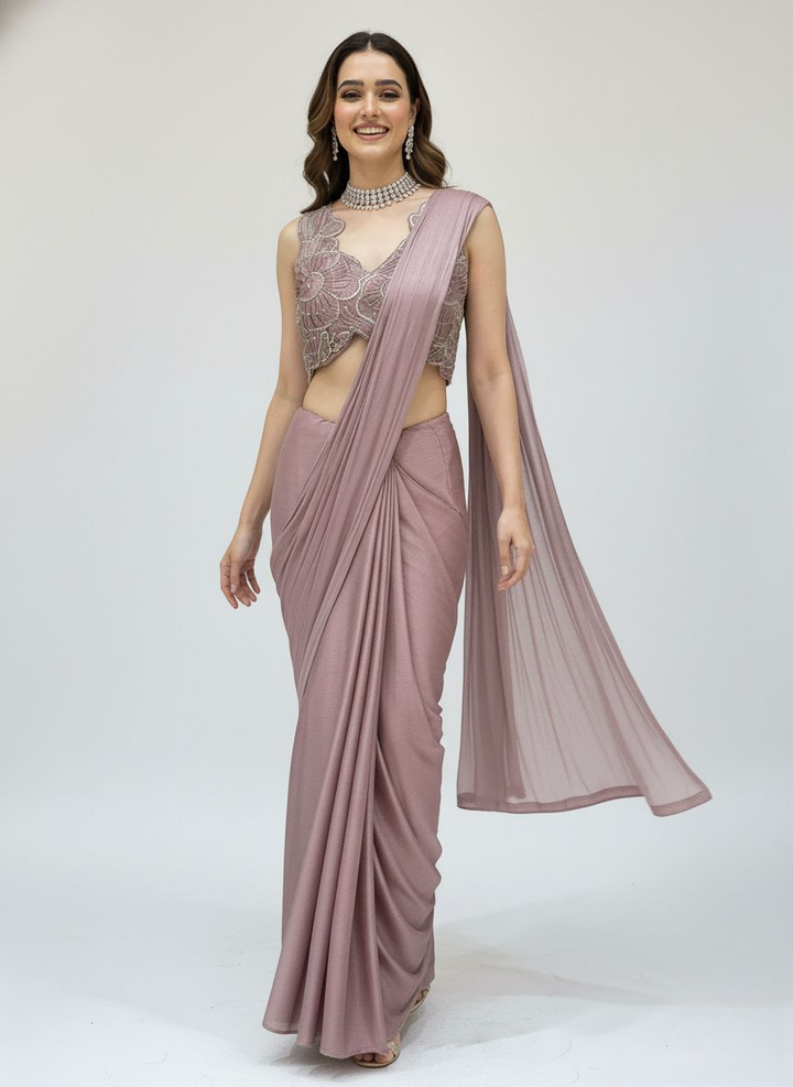 Ready to Wear Mauve Draped Saree with Hand-Embroidered Designer Blouse