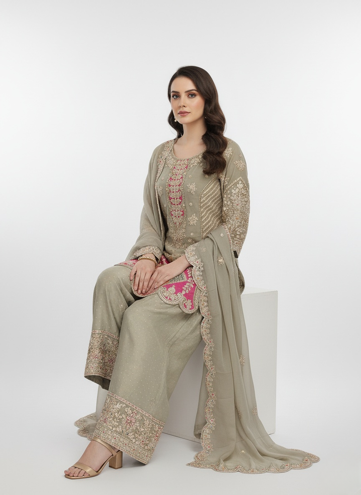 Taupe Beige Embroidered Kurta Palazzo Set with Scalloped Net Dupatta