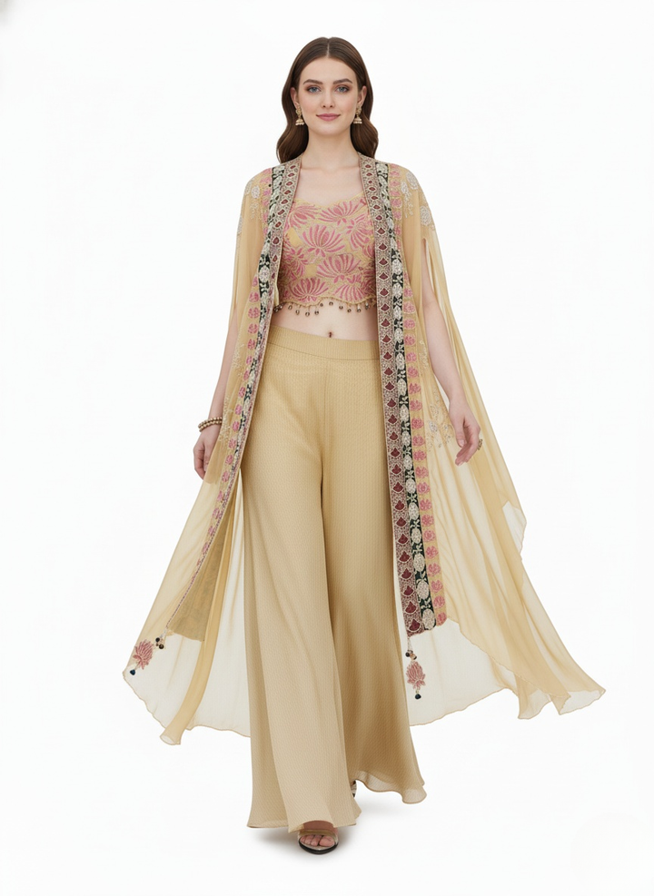Champagne Gold Indo-Western Palazzo Set with Embroidered Cape & Crop Top