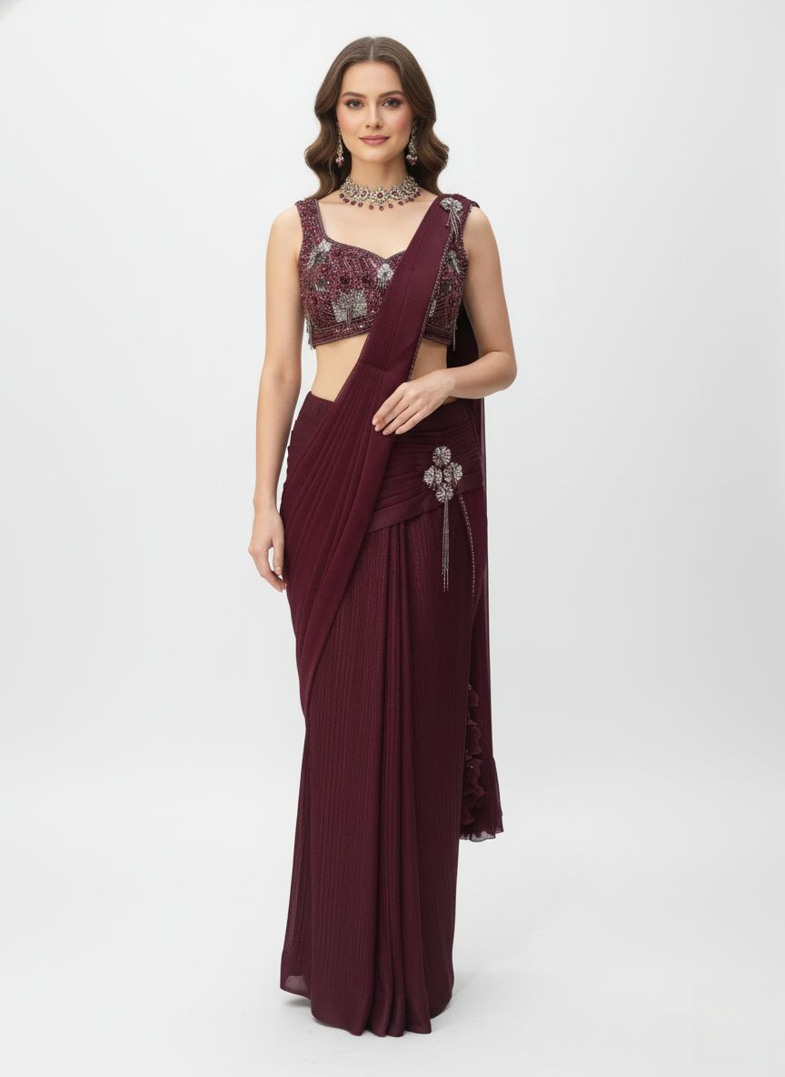 Wine Ready-to-Wear Pre-Draped Saree with Hand-Embroidered Blouse