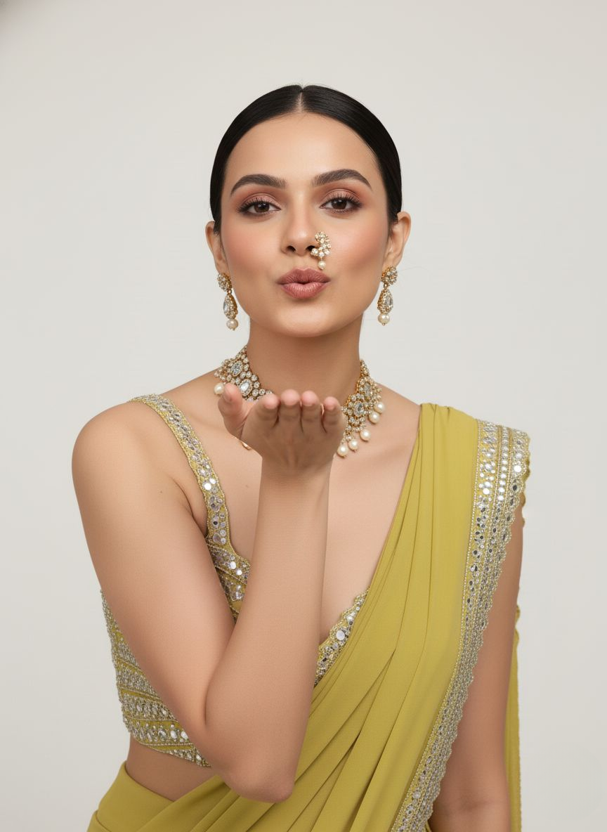 Olive Green Sequin Border Designer Ready to Wear Saree with Embellished Blouse