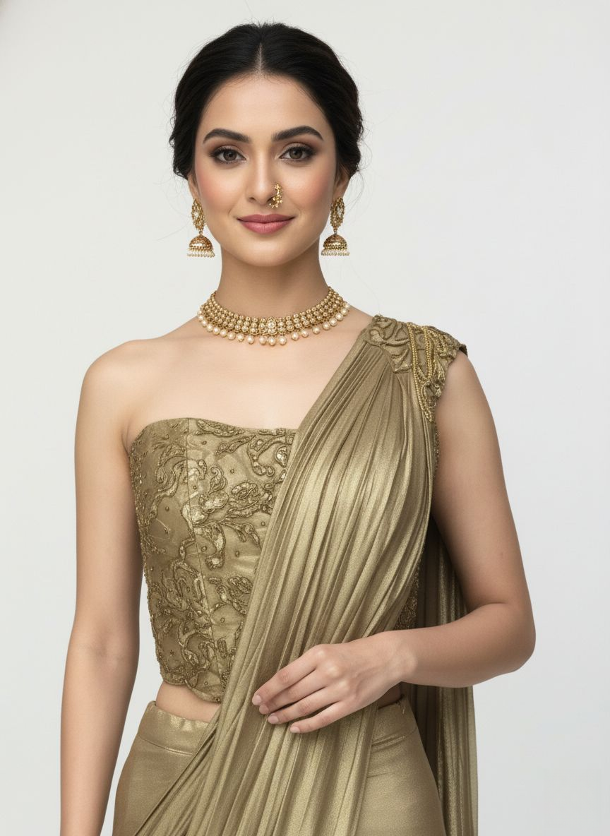Ready to Wear Champagne Gold Drape Saree with Embroidered One-Shoulder Blouse