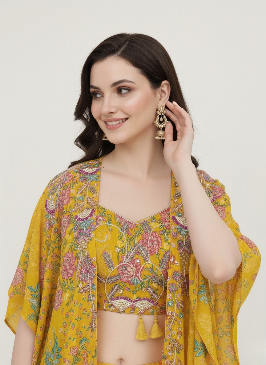 Mustard Floral Printed Crop Top, Palazzo Pants & Long Shrug Set