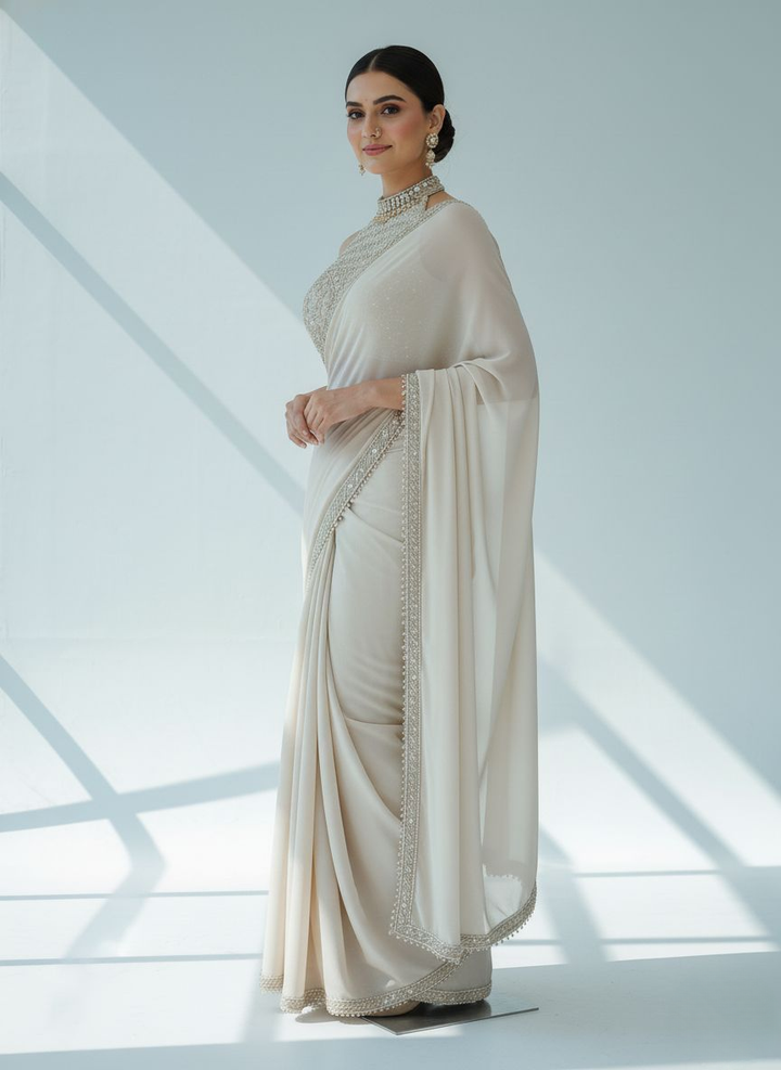 Elegant Ivory Ready-to-Wear Saree with Heavy Hand-Embellished High-Neck Blouse