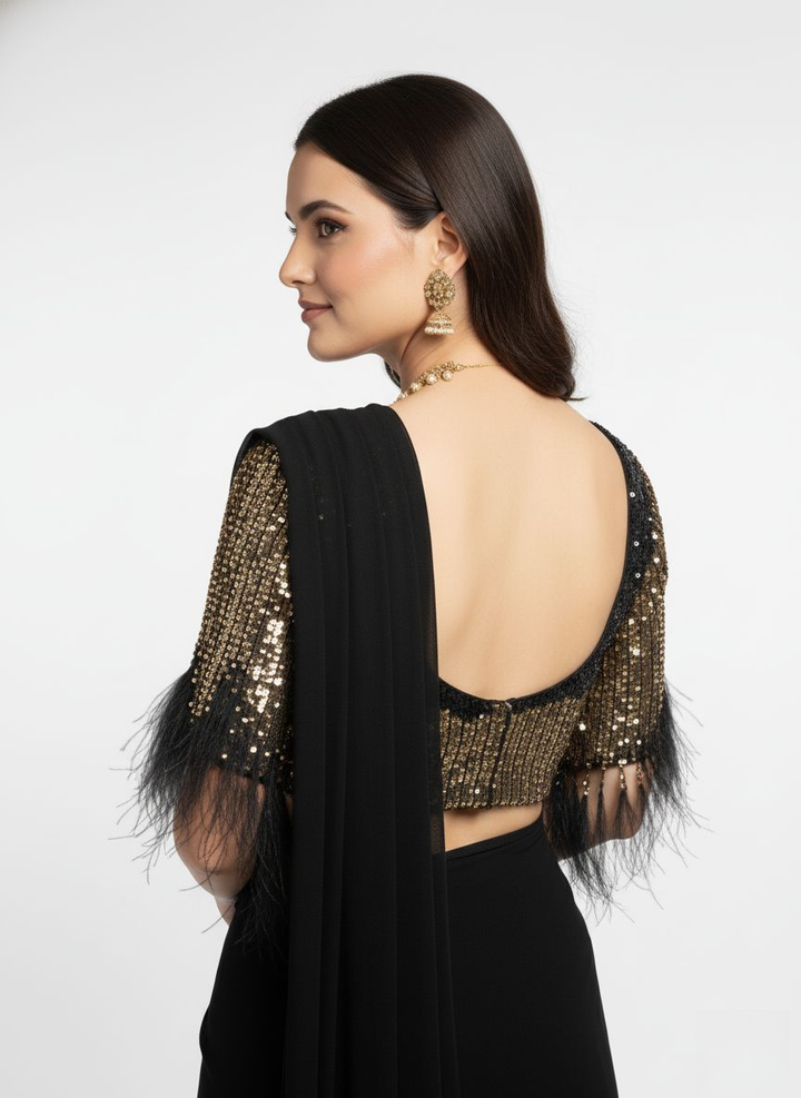 Premium Ready to Wear Black Pre-Stitched Saree with Gold Sequin Feather Sleeve Blouse