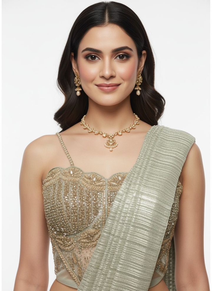 Platinum Metallic Pre-Draped Saree with Hand-Embroidered Bustier