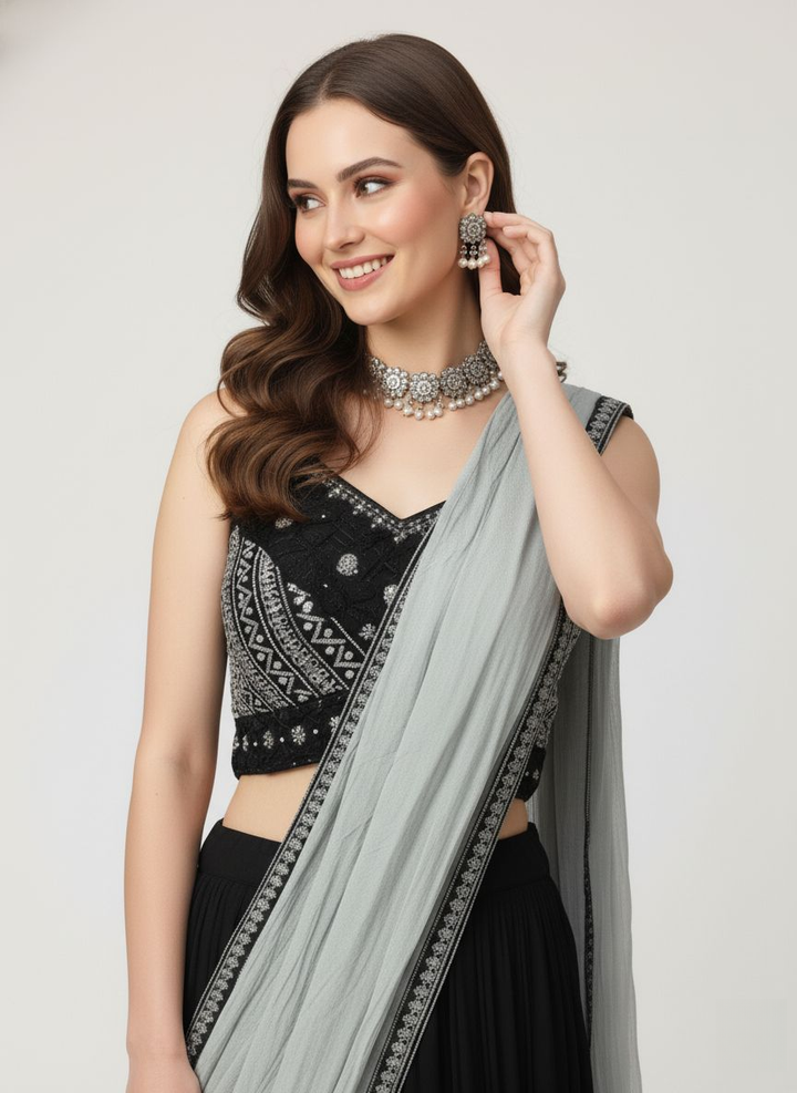 Ready to Wear Black Saree with Embellished Blouse & Contrast Grey Dupatta-Style Pallu
