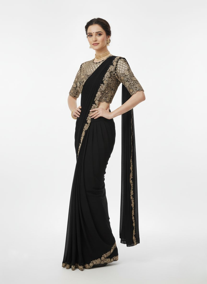 Elegant Black Embroidered Saree with Heavy Designer Blouse