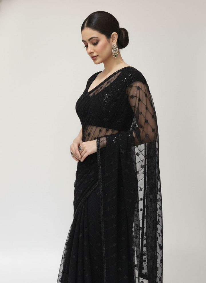 Elegant Black Sequin Embroidered Net Saree – Midnight Radiance Edition