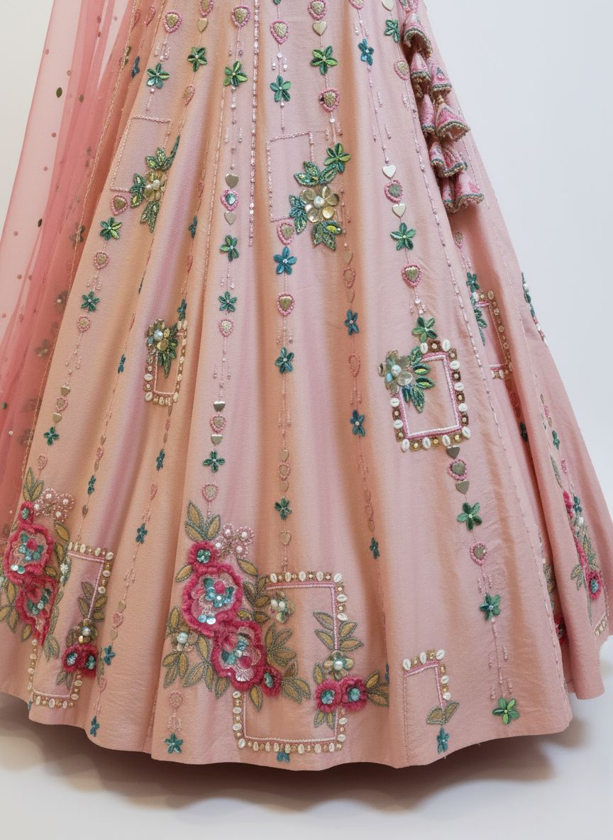 Blush Pink Floral Embroidered Lehenga Set with Mirror Work & Net Dupatta