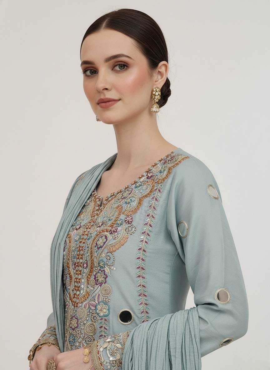 Powder Blue Embroidered Palazzo Suit with Dupatta