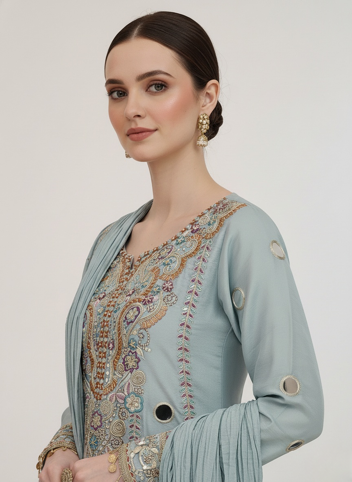Powder Blue Embroidered Palazzo Suit with Dupatta