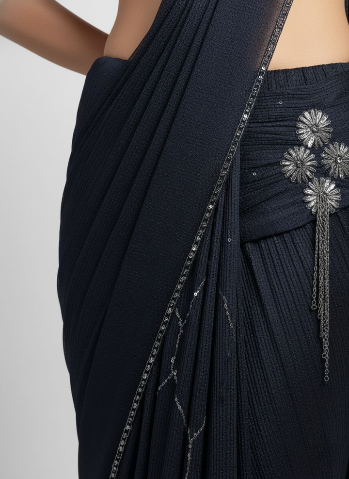 Navy Blue Ready-to-Wear Saree with Hand-Embroidered Blouse