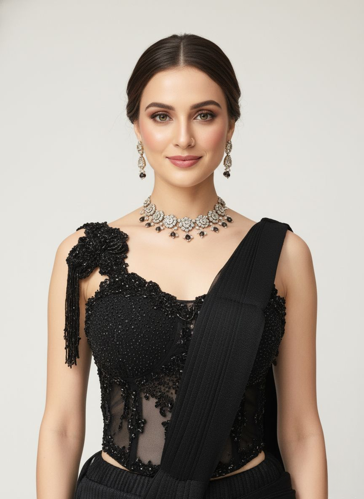 Luxury Black Ready-to-Wear Saree with 3D Floral Embroidered Blouse