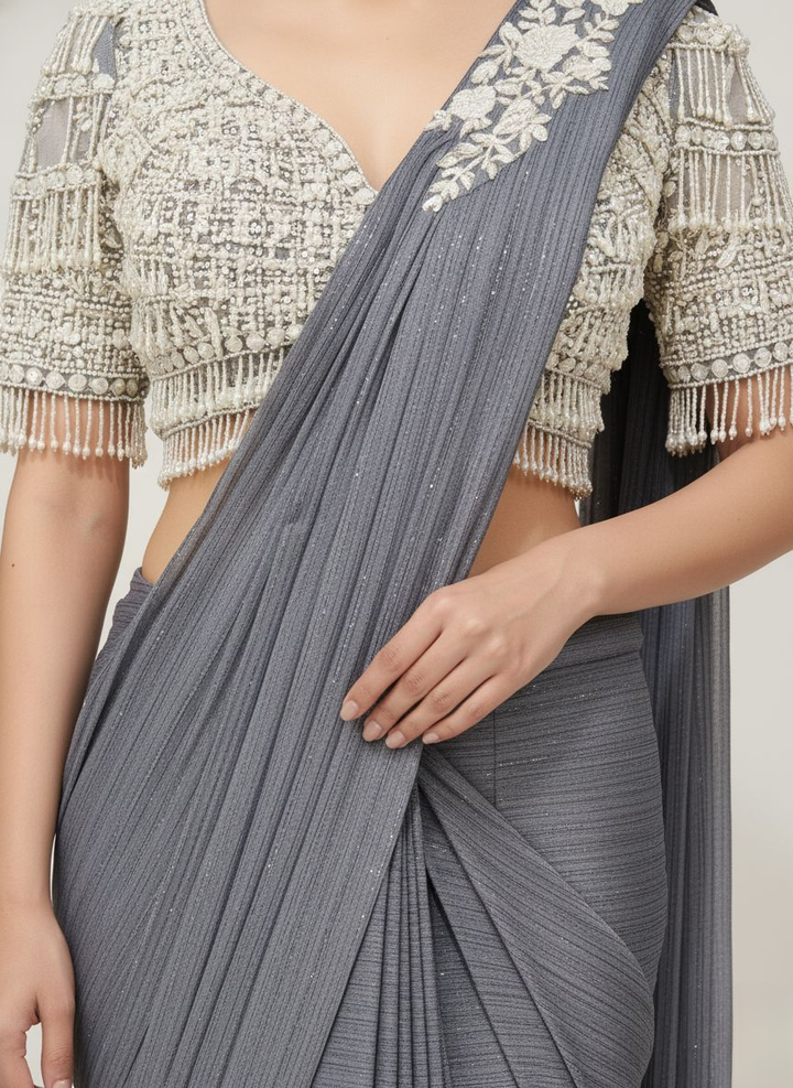 Elegant Grey Pleated Saree with Designer Pearl-Embellished Blouse