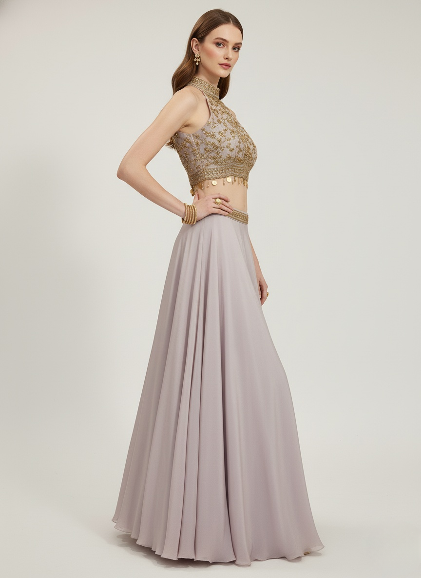 Blush Pink Crop Top Lehenga with Gold Embroidered Halter Blouse