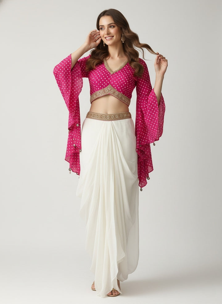 Fuchsia Pink Polka Dot Blouse with Ivory Draped Palazzo Skirt