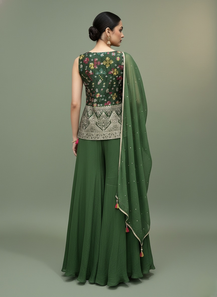 Emerald Green Embroidered Top with Flared Palazzo & Dupatta Set