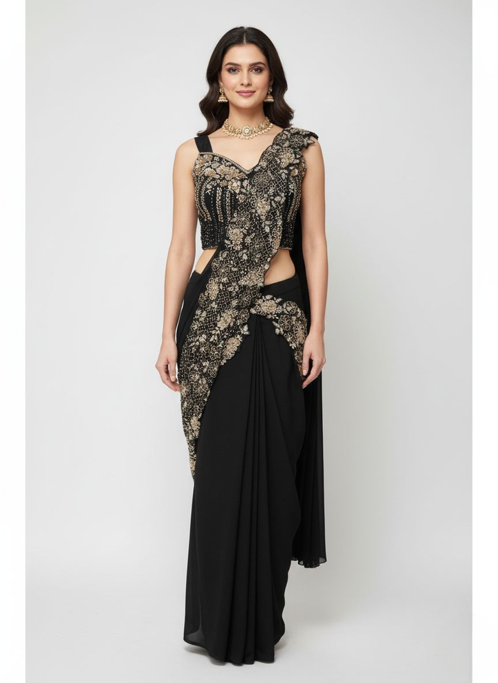 Black Designer Ready-to-Wear Saree with Heavy Gold Embellished Blouse & Drape Detailing