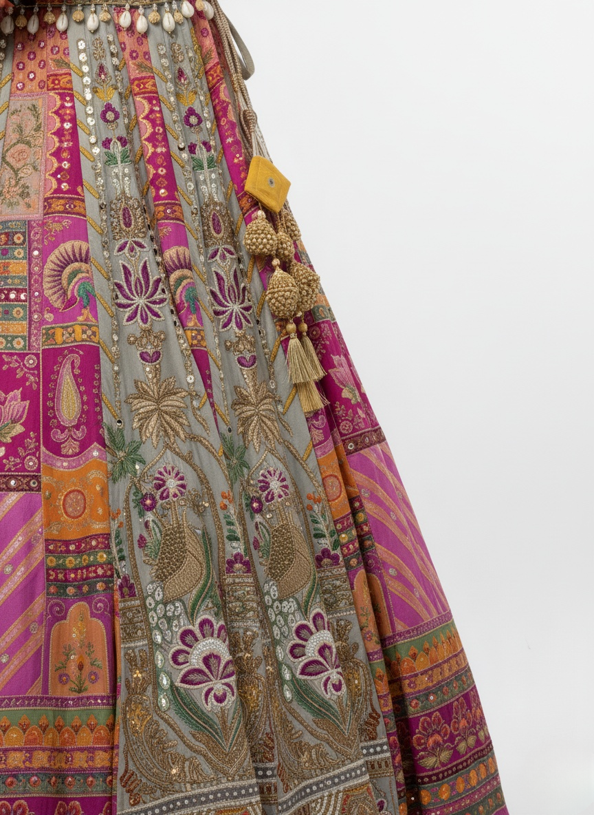 Multicolor Patchwork Embroidered Lehenga Set with Mustard Yellow Dupatta