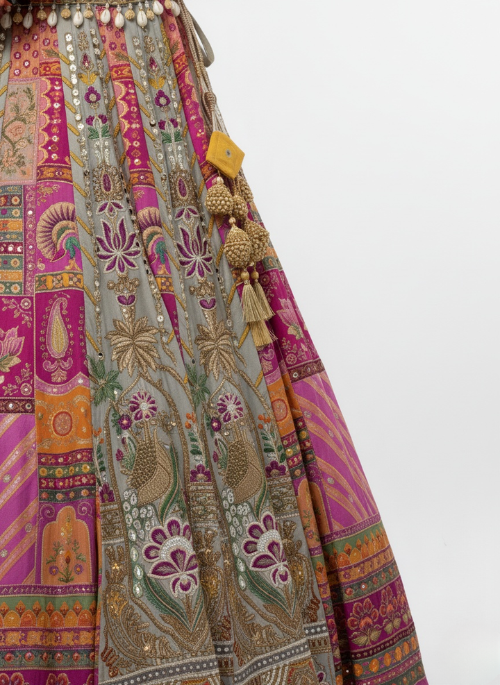 Multicolor Patchwork Embroidered Lehenga Set with Mustard Yellow Dupatta