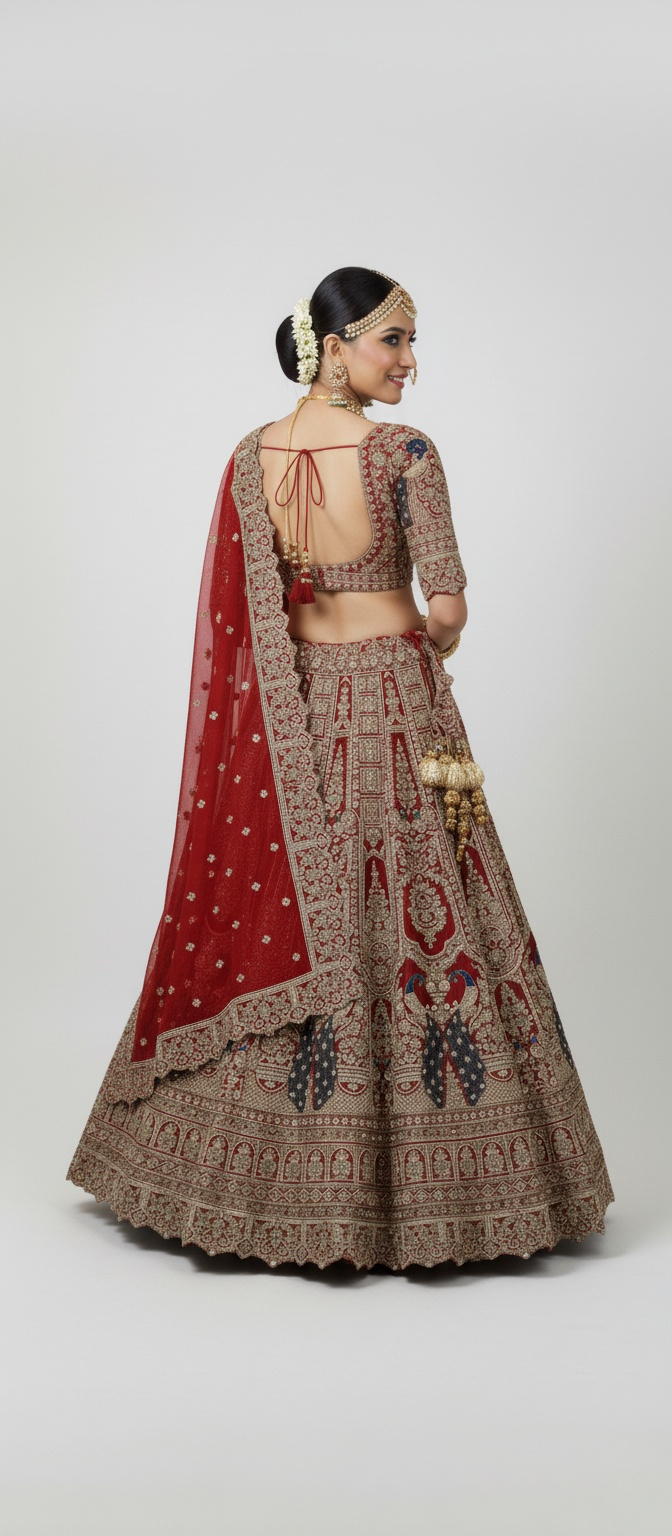 Regal Red Handcrafted Bridal Silk Lehenga with Peacock Motifs & Zardozi Embroidery