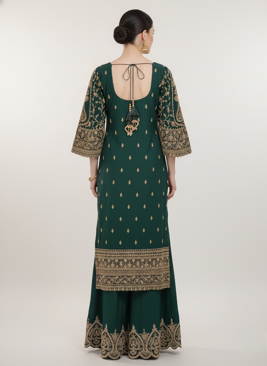 Emerald Green Heavy Embroidered Palazzo Suit with Dupatta