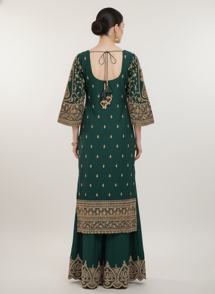 Emerald Green Heavy Embroidered Palazzo Suit with Dupatta