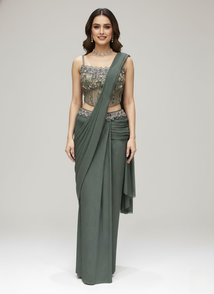 Sage Green Ready-to-Wear Saree with Hand-Embroidered Bustier