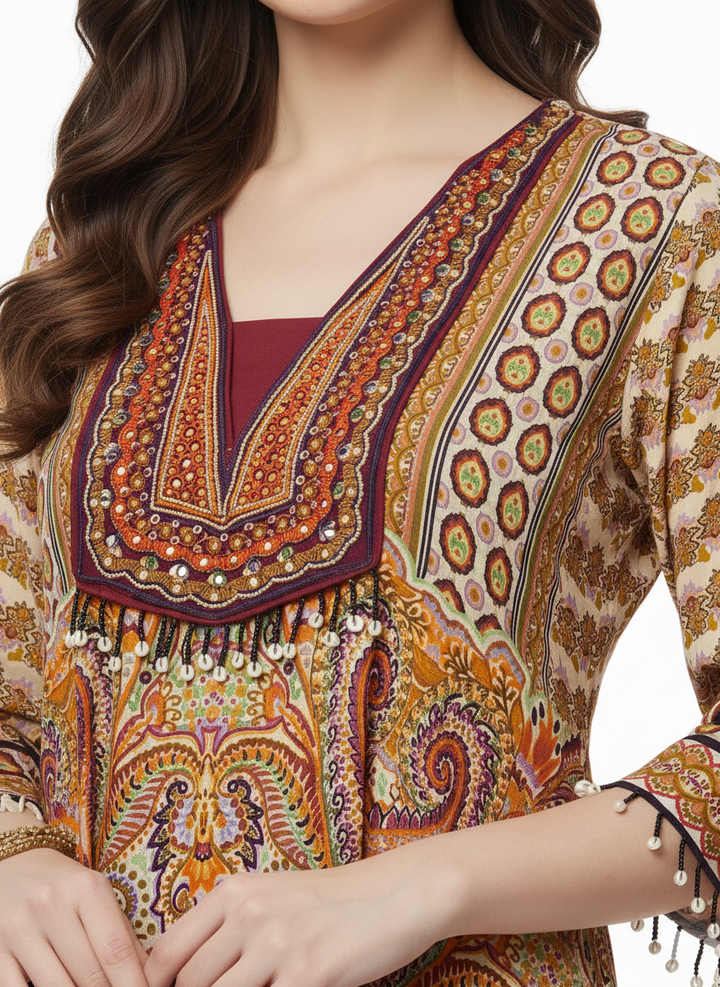 Mustard Printed Indo-Western Asymmetrical Kurta with Maroon Dhoti Pants & Tassel Detailing