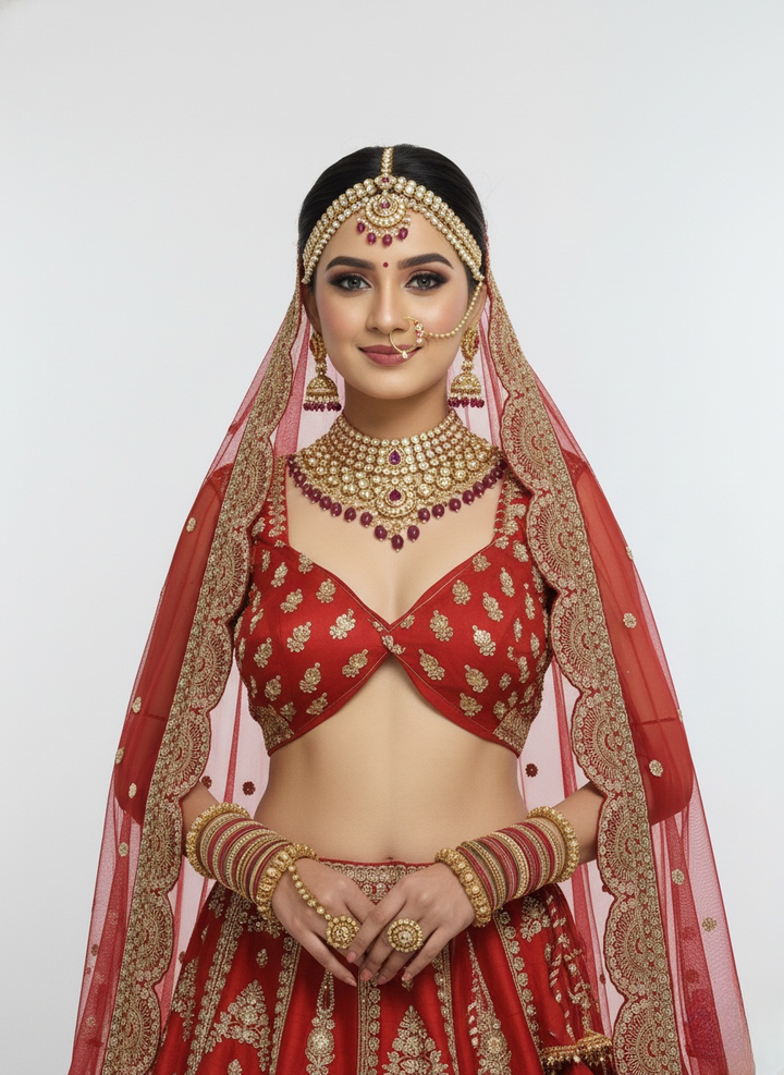 Classic Red Bridal Lehenga with Heavy Gold Zari & Temple Motif Embroidery