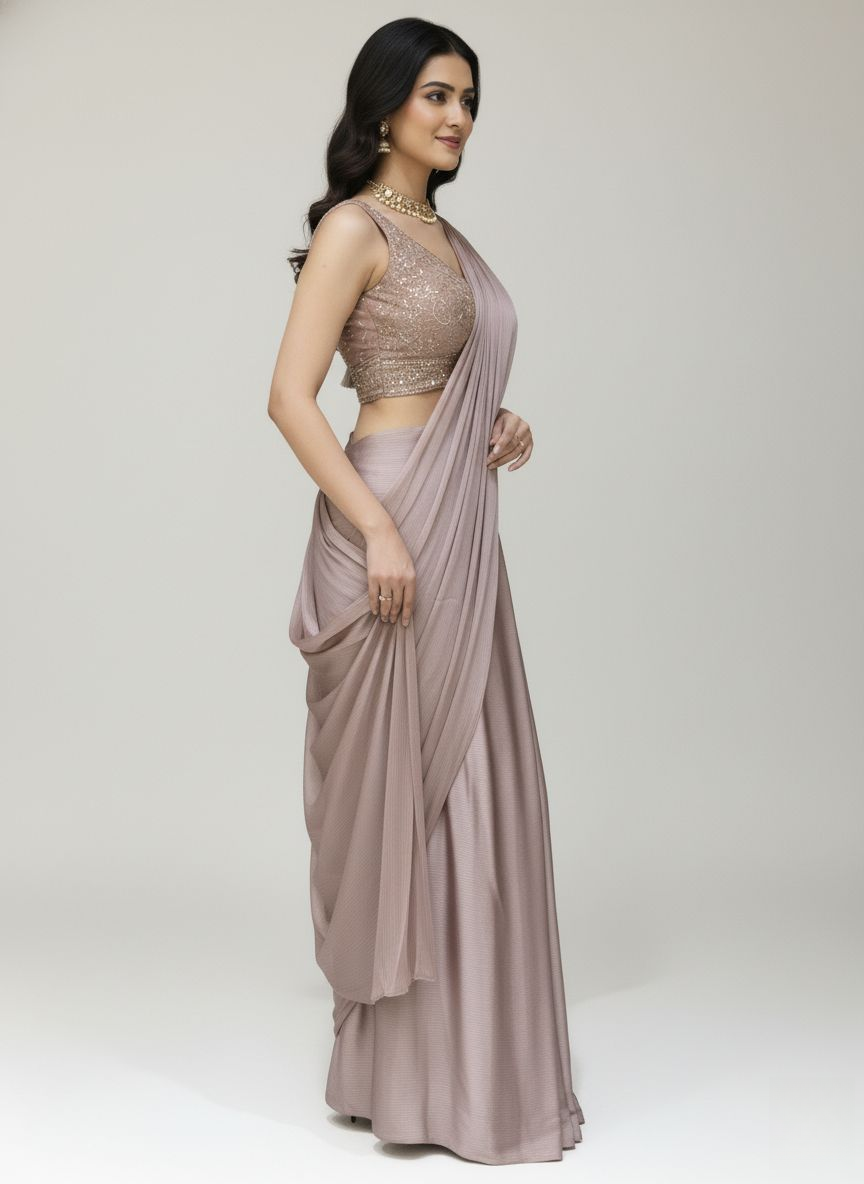 Ready to Wear Dusty Rose Pleated Saree with Embroidered Blouse