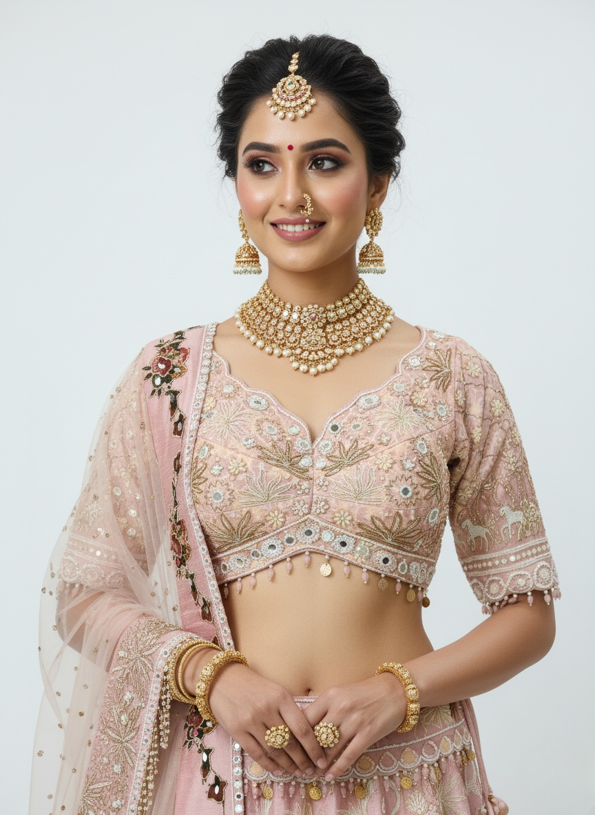 Blush Pink Hand-Embroidered Bridal Lehenga Set with Net Dupatta