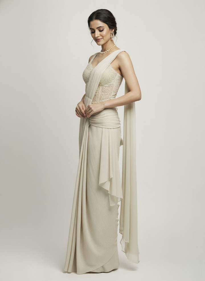 Ivory Ready-to-Wear Saree with Pearl Embellished Blouse