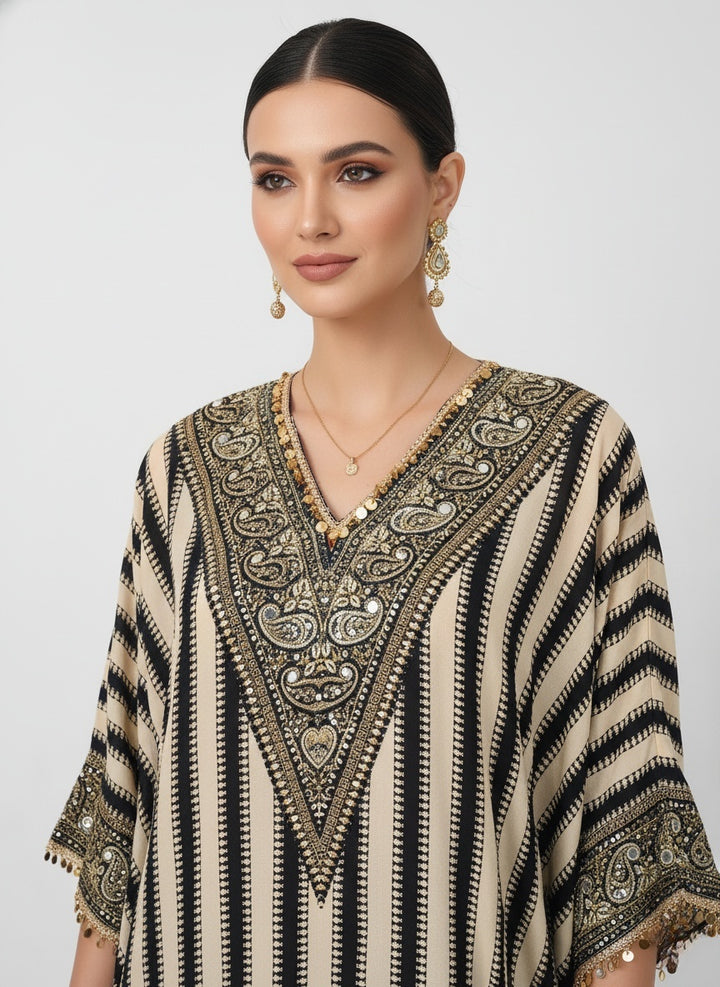 Black & Ivory Striped Embellished Kaftan Kurta with Dhoti Pants