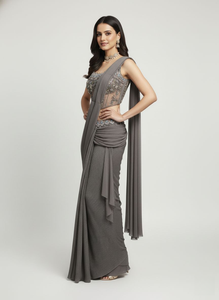 Smokey Grey Ready-to-Wear Pre-Draped Saree with Hand-Embroidered Bustier
