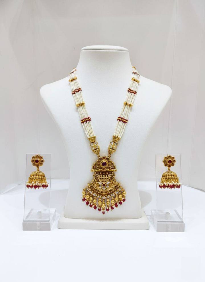 Classic Kundan & Pearl Temple Necklace Set with Ruby Droplets