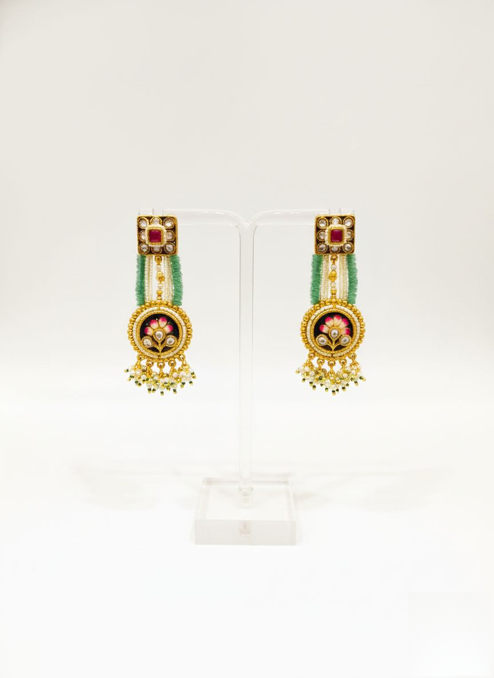 Elegant Meenakari Necklace Set with Green Bead Strands & Floral Kundan Detailing