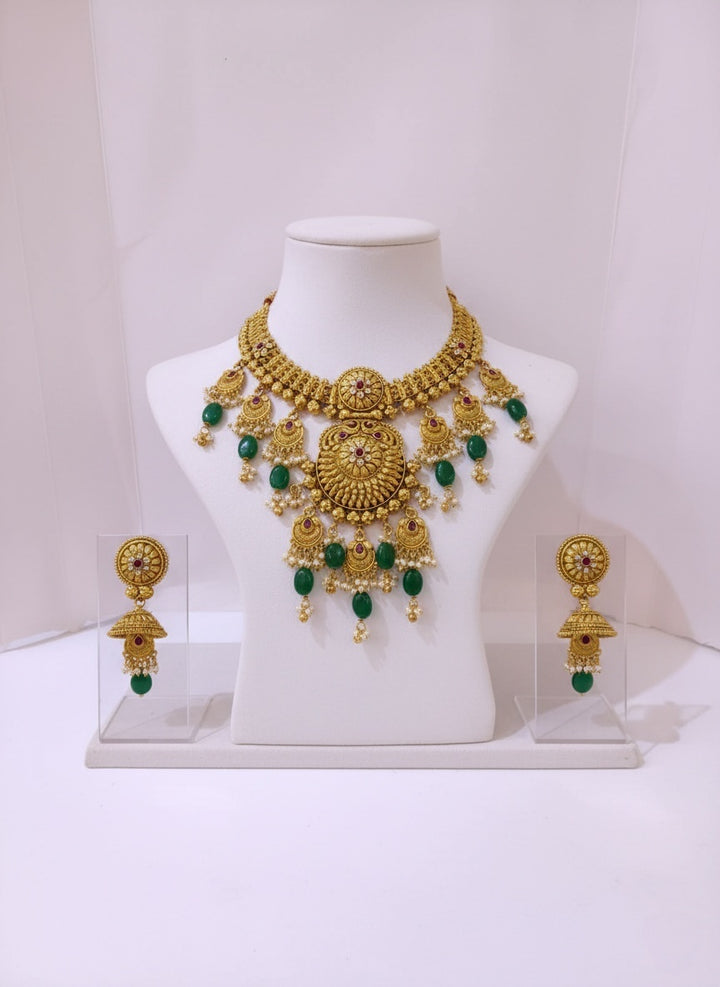 Antique Temple Necklace Set with Green Beads & Ruby Detailing