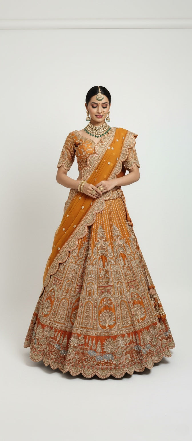 Amber Gold Zardozi Embroidered Bridal Lehenga with Mustard Dupatta