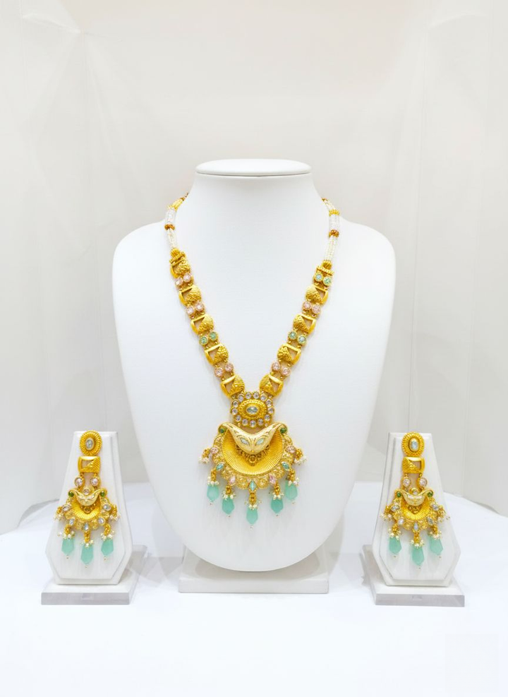 Antique Gold Necklace Set with Mint Green Stones & Kundan Detailing