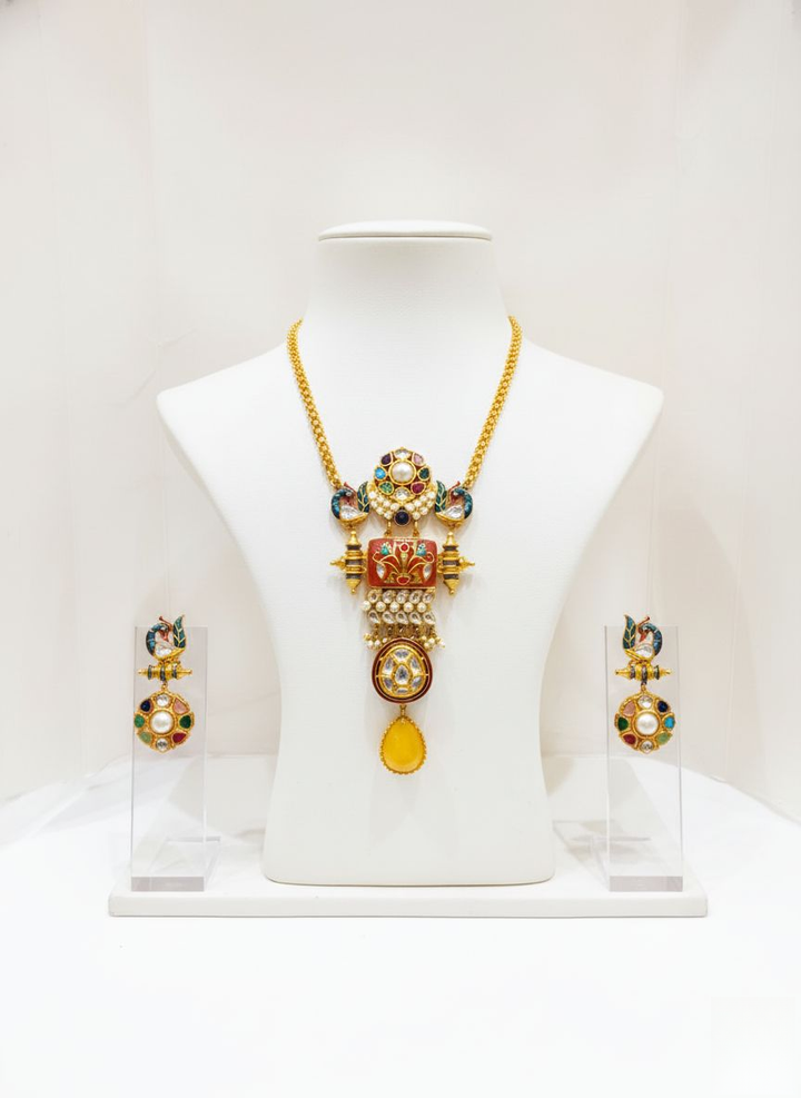 Heritage Meenakari and Kundan Long Necklace Set with Peacock Motif & Yellow Stone Drop