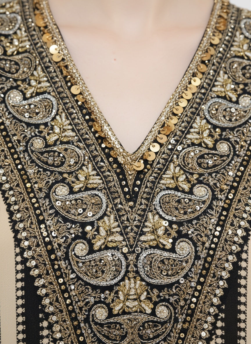 Black & Ivory Striped Embellished Kaftan Kurta with Dhoti Pants