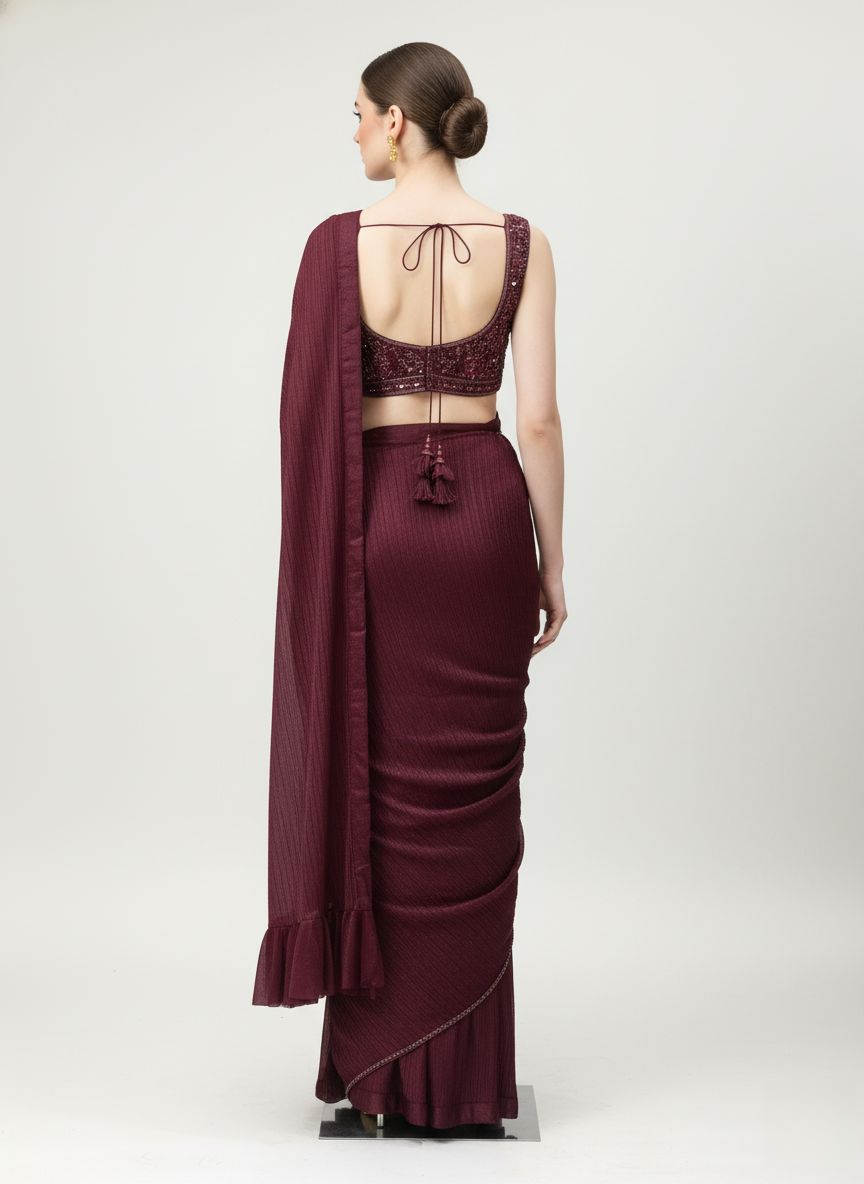 Wine Ready-to-Wear Pre-Draped Saree with Hand-Embroidered Blouse