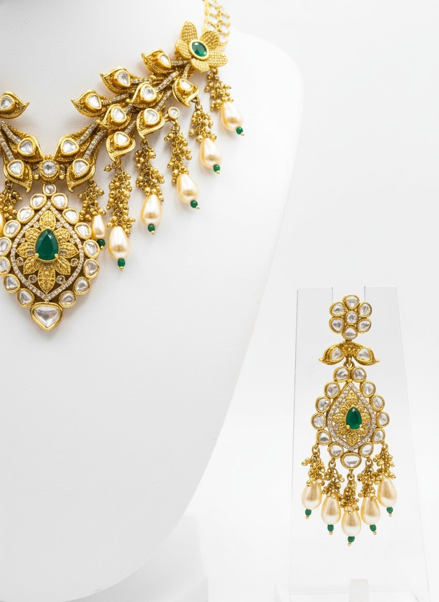Gold & Emerald Kundan Bridal Necklace Set with Pearl Drop Earrings