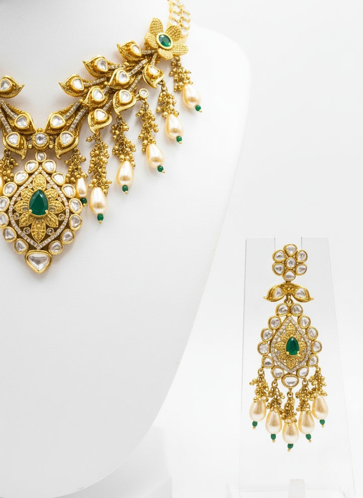 Gold & Emerald Kundan Bridal Necklace Set with Pearl Drop Earrings