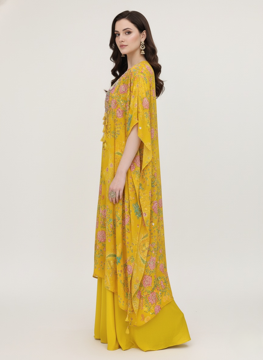 Mustard Floral Printed Crop Top, Palazzo Pants & Long Shrug Set
