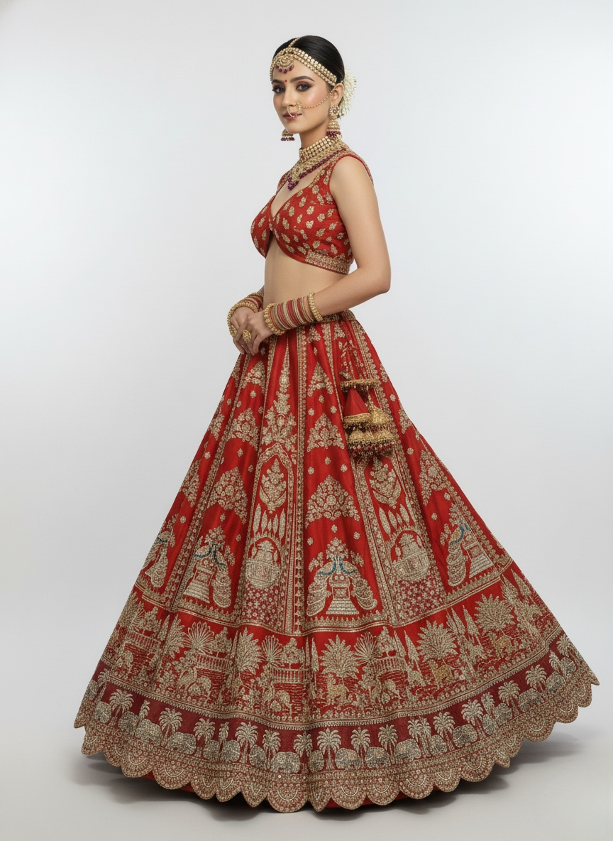 Classic Red Bridal Lehenga with Heavy Gold Zari & Temple Motif Embroidery